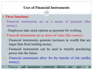 Uses of Financial Instruments
27
 Three functions:
I. Financial instruments act as a means of payment (like
money).
Employees take stock options as payment for working.
II. Financial instruments act as stores of value (like money).
Financial instruments generate increases in wealth that are
larger than from holding money.
Financial instruments can be used to transfer purchasing
power into the future.
iii. Financial instruments allow for the transfer of risk (unlike
money).
 Futures and insurance contracts allows one person to
Prepared by Ibrahimj(Msc) 3/28/2022
 