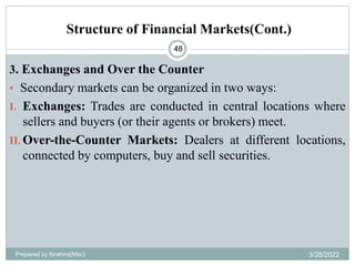 Structure of Financial Markets(Cont.)
48
3. Exchanges and Over the Counter
• Secondary markets can be organized in two ways:
I. Exchanges: Trades are conducted in central locations where
sellers and buyers (or their agents or brokers) meet.
II. Over-the-Counter Markets: Dealers at different locations,
connected by computers, buy and sell securities.
Prepared by Ibrahimj(Msc) 3/28/2022
 