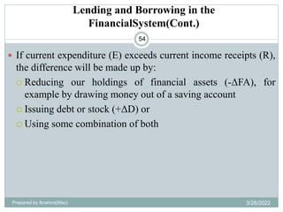 Lending and Borrowing in the
FinancialSystem(Cont.)
54
 If current expenditure (E) exceeds current income receipts (R),
the difference will be made up by:
 Reducing our holdings of financial assets (-ΔFA), for
example by drawing money out of a saving account
 Issuing debt or stock (+ΔD) or
 Using some combination of both
Prepared by Ibrahimj(Msc) 3/28/2022
 