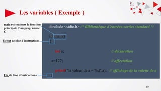 19
Les variables ( Exemple )
#include <stdio.h> /* Bibliothèque d’entrées-sorties standard */
int main()
{
int a; // déclaration
a=127; // affectation
printf("la valeur de a = %d",a); // affichage de la valeur de a
}
main est toujours la fonction
principale d’un programme
C
Début de bloc d’instructions
Fin de bloc d’instructions
 