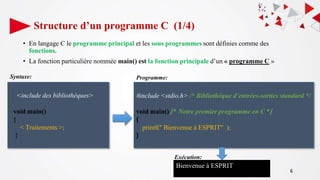 Structure d’un programme C (1/4)
• En langage C le programme principal et les sous programmes sont définies comme des
fonctions.
• La fonction particulière nommée main() est la fonction principale d’un « programme C »
6
<include des bibliothèques>
void main()
{
< Traitements >;
}
#include <stdio.h> /* Bibliothèque d’entrées-sorties standard */
void main() /* Notre premier programme en C */
{
printf(" Bienvenue à ESPRIT" );
}
Syntaxe: Programme:
Bienvenue à ESPRIT
Exécution:
 