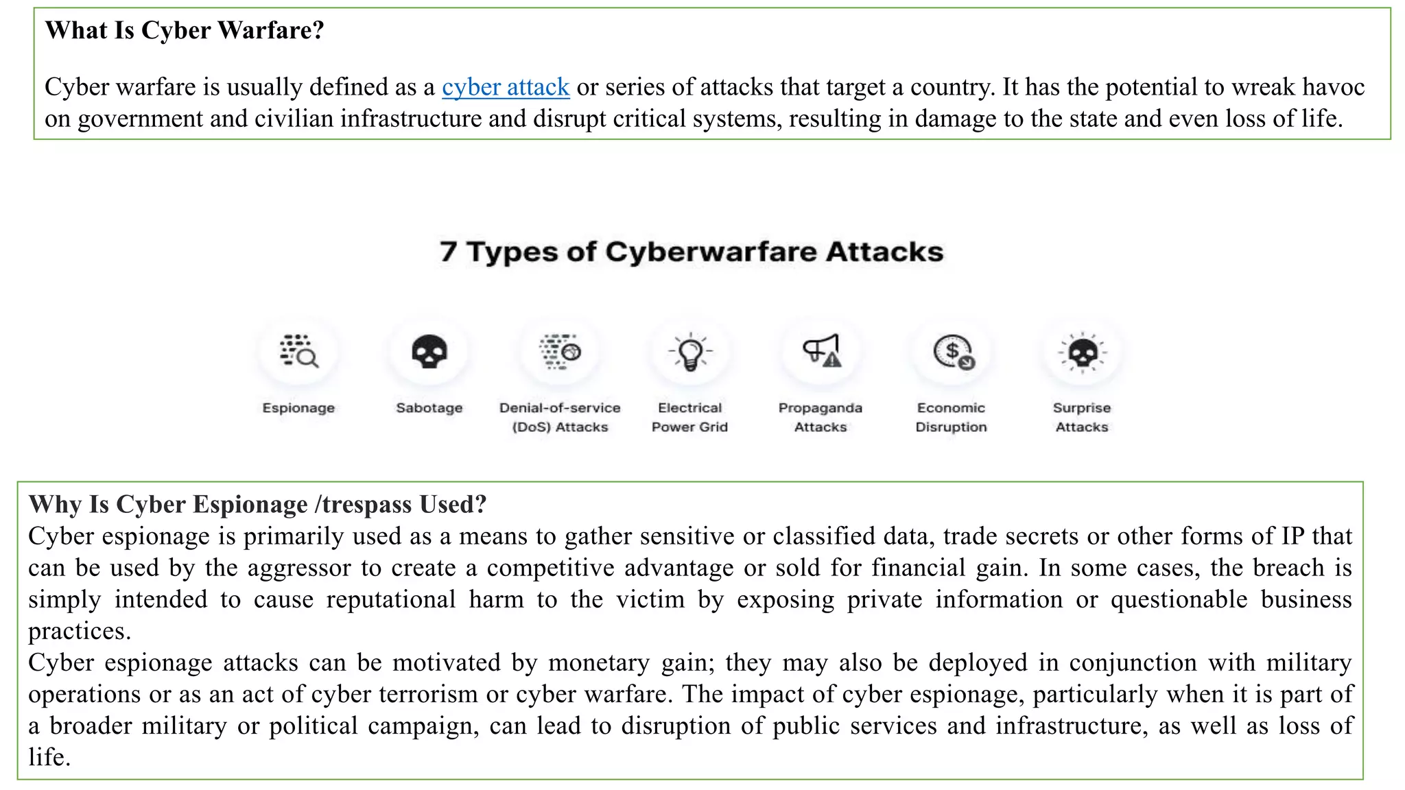 What Is Cyber Warfare?
Cyber warfare is usually defined as a cyber attack or series of attacks that target a country. It has the potential to wreak havoc
on government and civilian infrastructure and disrupt critical systems, resulting in damage to the state and even loss of life.
Why Is Cyber Espionage /trespass Used?
Cyber espionage is primarily used as a means to gather sensitive or classified data, trade secrets or other forms of IP that
can be used by the aggressor to create a competitive advantage or sold for financial gain. In some cases, the breach is
simply intended to cause reputational harm to the victim by exposing private information or questionable business
practices.
Cyber espionage attacks can be motivated by monetary gain; they may also be deployed in conjunction with military
operations or as an act of cyber terrorism or cyber warfare. The impact of cyber espionage, particularly when it is part of
a broader military or political campaign, can lead to disruption of public services and infrastructure, as well as loss of
life.
 