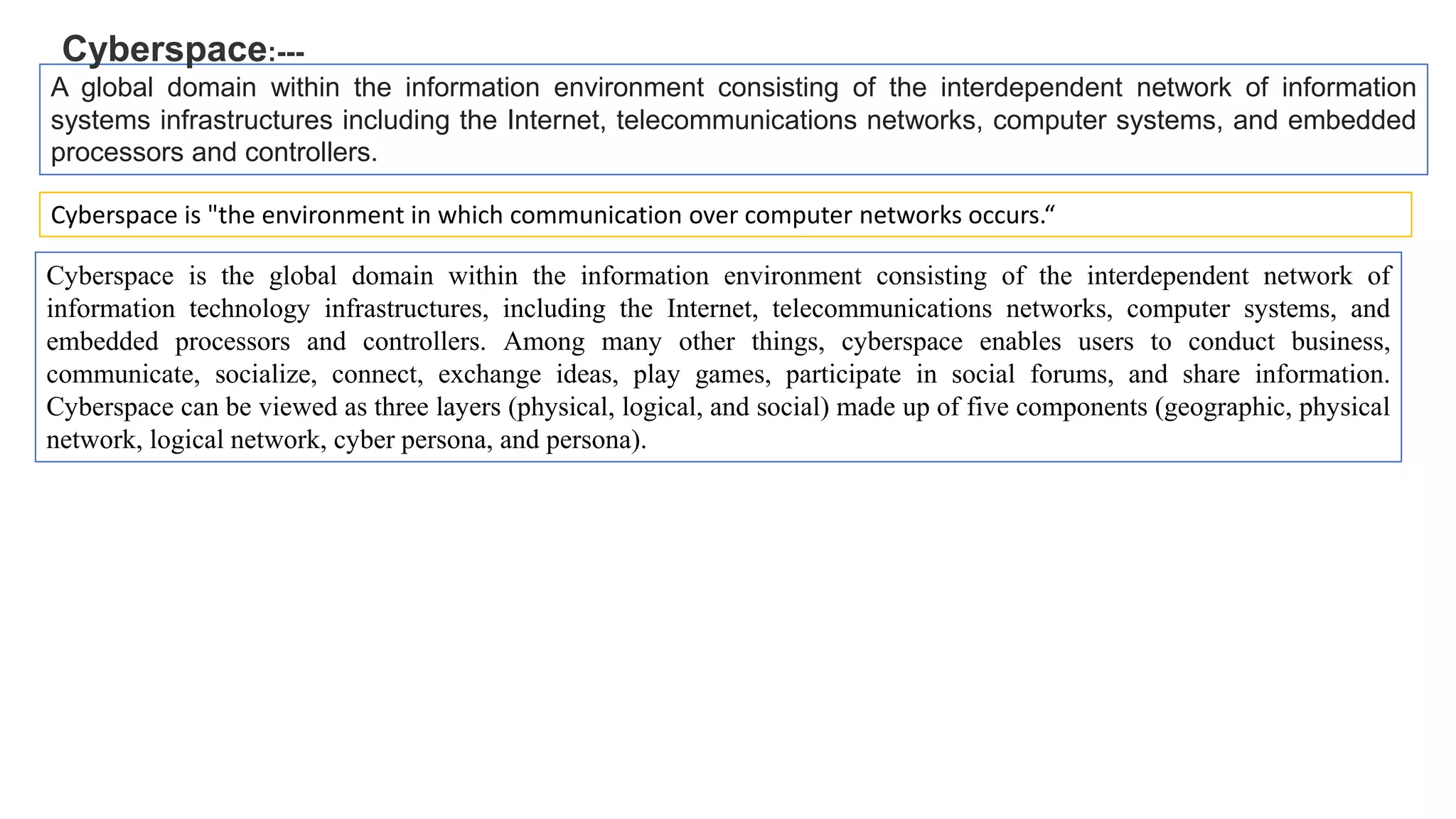 A global domain within the information environment consisting of the interdependent network of information
systems infrastructures including the Internet, telecommunications networks, computer systems, and embedded
processors and controllers.
Cyberspace:---
Cyberspace is the global domain within the information environment consisting of the interdependent network of
information technology infrastructures, including the Internet, telecommunications networks, computer systems, and
embedded processors and controllers. Among many other things, cyberspace enables users to conduct business,
communicate, socialize, connect, exchange ideas, play games, participate in social forums, and share information.
Cyberspace can be viewed as three layers (physical, logical, and social) made up of five components (geographic, physical
network, logical network, cyber persona, and persona).
Cyberspace is "the environment in which communication over computer networks occurs.“
 