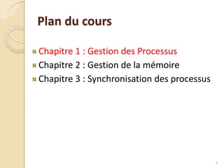 Plan du cours
Chapitre 1 : Gestion des Processus
Chapitre 2 : Gestion de la mémoire
Chapitre 3 : Synchronisation des processus
3
 