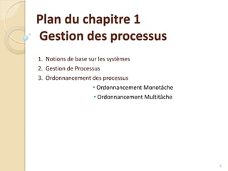 Plan du chapitre 1
Gestion des processus
1. Notions de base sur les systèmes
2. Gestion de Processus
3. Ordonnancement des processus
• Ordonnancement Monotâche
• Ordonnancement Multitâche
4
 