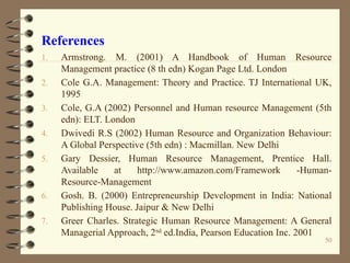 References
1. Armstrong. M. (2001) A Handbook of Human Resource
Management practice (8 th edn) Kogan Page Ltd. London
2. Cole G.A. Management: Theory and Practice. TJ International UK,
1995
3. Cole, G.A (2002) Personnel and Human resource Management (5th
edn): ELT. London
4. Dwivedi R.S (2002) Human Resource and Organization Behaviour:
A Global Perspective (5th edn) : Macmillan. New Delhi
5. Gary Dessier, Human Resource Management, Prentice Hall.
Available at http://www.amazon.com/Framework -Human-
Resource-Management
6. Gosh. B. (2000) Entrepreneurship Development in India: National
Publishing House. Jaipur & New Delhi
7. Greer Charles. Strategic Human Resource Management: A General
Managerial Approach, 2nd
ed.India, Pearson Education Inc. 2001
50
 