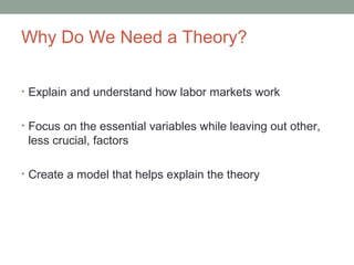 Why Do We Need a Theory?
• Explain and understand how labor markets work
• Focus on the essential variables while leaving out other,
less crucial, factors
• Create a model that helps explain the theory
 