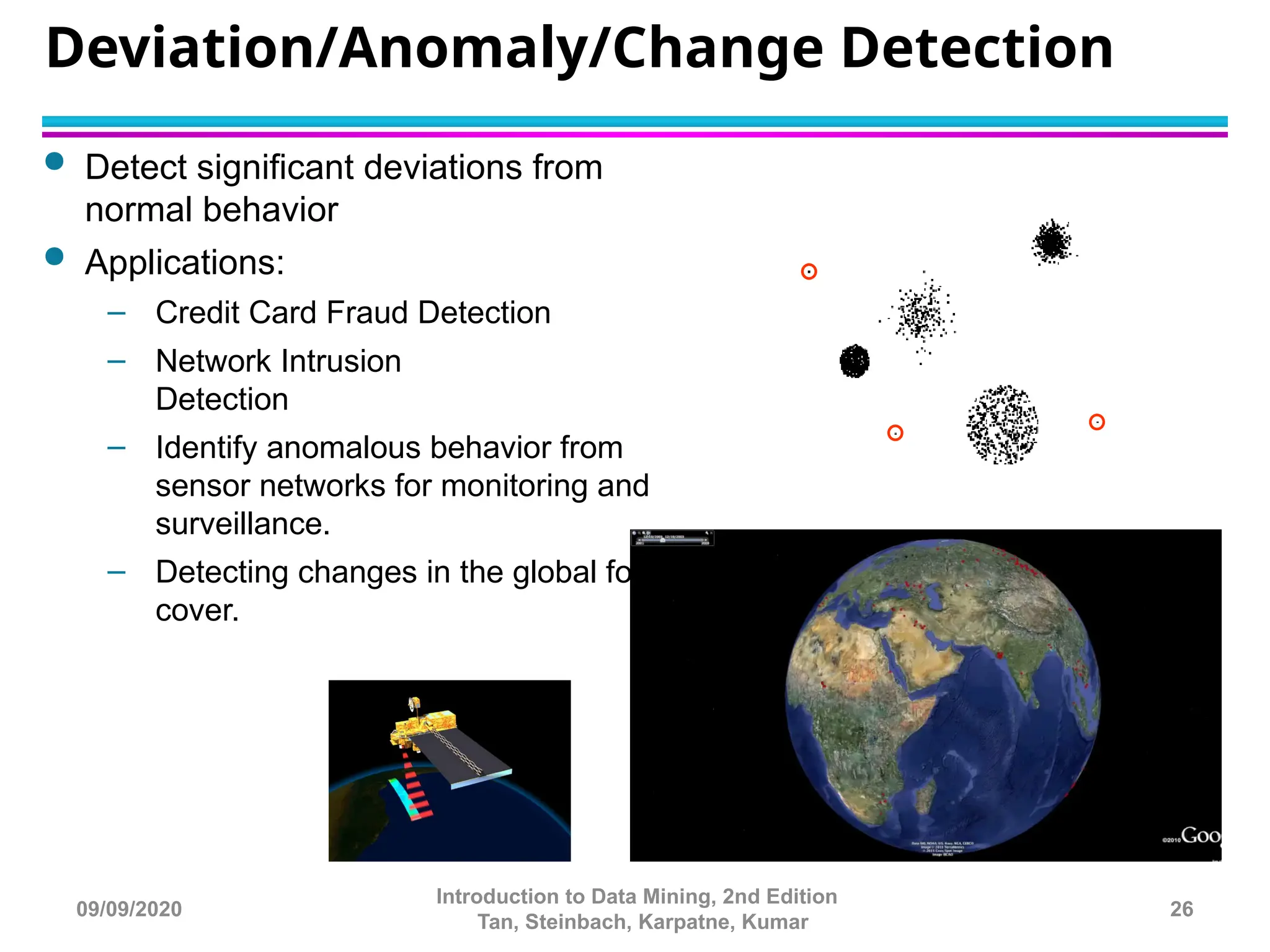 Deviation/Anomaly/Change Detection
 Detect significant deviations from
normal behavior
 Applications:
– Credit Card Fraud Detection
– Network Intrusion
Detection
– Identify anomalous behavior from
sensor networks for monitoring and
surveillance.
– Detecting changes in the global forest
cover.
26
Introduction to Data Mining, 2nd Edition
Tan, Steinbach, Karpatne, Kumar
09/09/2020
 
