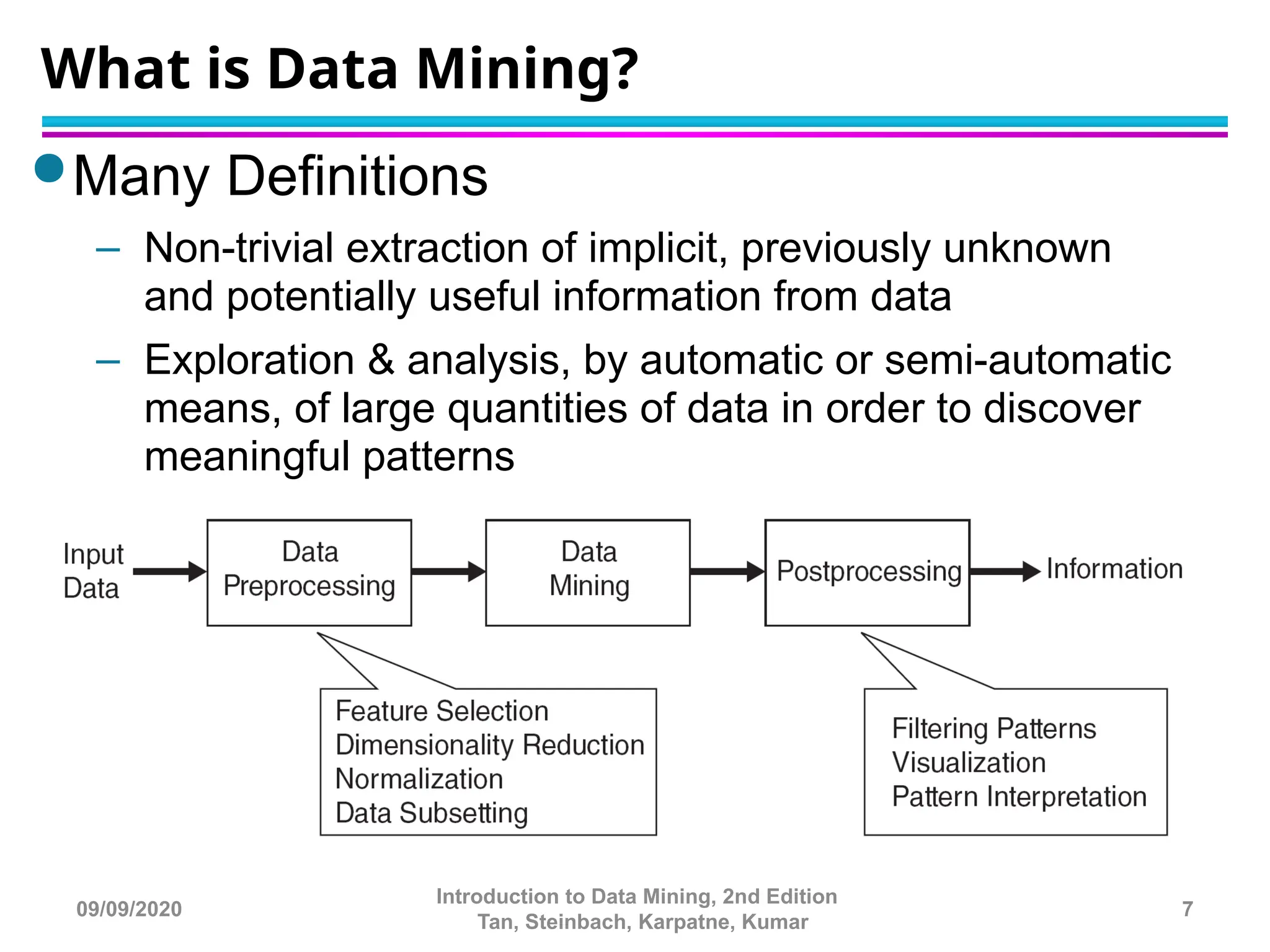 What is Data Mining?
 Many Definitions
– Non-trivial extraction of implicit, previously unknown
and potentially useful information from data
– Exploration & analysis, by automatic or semi-automatic
means, of large quantities of data in order to discover
meaningful patterns
7
Introduction to Data Mining, 2nd Edition
Tan, Steinbach, Karpatne, Kumar
09/09/2020
 