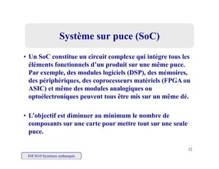 Système sur puce (SoC)Système sur puce (SoC)
• Un SoC constitue un circuit complexe qui intègre tous les
éléments fonctionnels d’un produit sur une même puce.
Par exemple, des modules logiciels (DSP), des mémoires,Par exemple, des modules logiciels (DSP), des mémoires,
des périphériques, des coprocesseurs matériels (FPGA ou
ASIC) et même des modules analogiques ou
t él t i t t êt i ê déoptoélectroniques peuvent tous être mis sur un même dé.
• L’objectif est diminuer au minimum le nombre deL objectif est diminuer au minimum le nombre de
composants sur une carte pour mettre tout sur une seule
puce.
INF3610 Systèmes embarqués
12
 