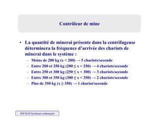 C t ôl d iC t ôl d iContrôleur de mineContrôleur de mine
• La quantité de minerai présente dans la centrifugeuse
déterminera la fréquence d’arrivée des chariots de
minerai dans le système :minerai dans le système :
– Moins de 200 kg (x < 200) → 5 chariots/seconde
– Entre 200 et 250 kg (200 ≤ x < 250) → 4 chariots/seconde
– Entre 250 et 300 kg (250 ≤ x < 300) → 3 chariots/seconde
– Entre 300 et 350 kg (300 ≤ x < 350) → 2 chariots/seconde
– Plus de 350 kg (x ≥ 350) → 1 chariot/secondeus de 350 g ( ≥ 350) c o /seco de
INF3610 Systèmes embarqués
 