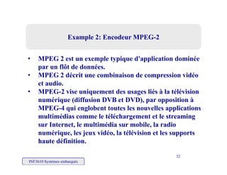 Example 2: Encodeur MPEG-2Example 2: Encodeur MPEG-2
• MPEG 2 est un exemple typique d'application dominée
par un flôt de données.
• MPEG 2 décrit une combinaison de compression vidéoMPEG 2 décrit une combinaison de compression vidéo
et audio.
• MPEG-2 vise uniquement des usages liés à la télévision
é i (diff i DVB t DVD) iti ànumérique (diffusion DVB et DVD), par opposition à
MPEG-4 qui englobent toutes les nouvelles applications
multimédias comme le téléchargement et le streaming
sur Internet, le multimédia sur mobile, la radio
numérique, les jeux vidéo, la télévision et les supports
haute définition.
INF3610 Systèmes embarqués
32
haute définition.
 