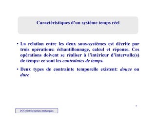 Caractéristiques d’un système temps réelCaractéristiques d’un système temps réelCaractéristiques d’un système temps réelCaractéristiques d’un système temps réel
• La relation entre les deux sous-systèmes est décrite par
trois opérations: échantillonnage, calcul et réponse. Ces
opérations doivent se réaliser à l’intérieur d’intervalle(s)
de temps: ce sont les contraintes de temps.
i i d• Deux types de contrainte temporelle existent: douce ou
dure
INF3610 Systèmes embarqués
7
 