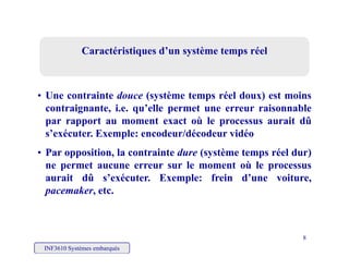 Caractéristiques d’un système temps réelCaractéristiques d’un système temps réelCaractéristiques d’un système temps réelCaractéristiques d’un système temps réel
• Une contrainte douce (système temps réel doux) est moins
contraignante, i.e. qu’elle permet une erreur raisonnable
ù l i dûpar rapport au moment exact où le processus aurait dû
s’exécuter. Exemple: encodeur/décodeur vidéo
• Par opposition la contrainte dure (système temps réel dur)• Par opposition, la contrainte dure (système temps réel dur)
ne permet aucune erreur sur le moment où le processus
aurait dû s’exécuter. Exemple: frein d’une voiture,
pacemaker, etc.
INF3610 Systèmes embarqués
8
 
