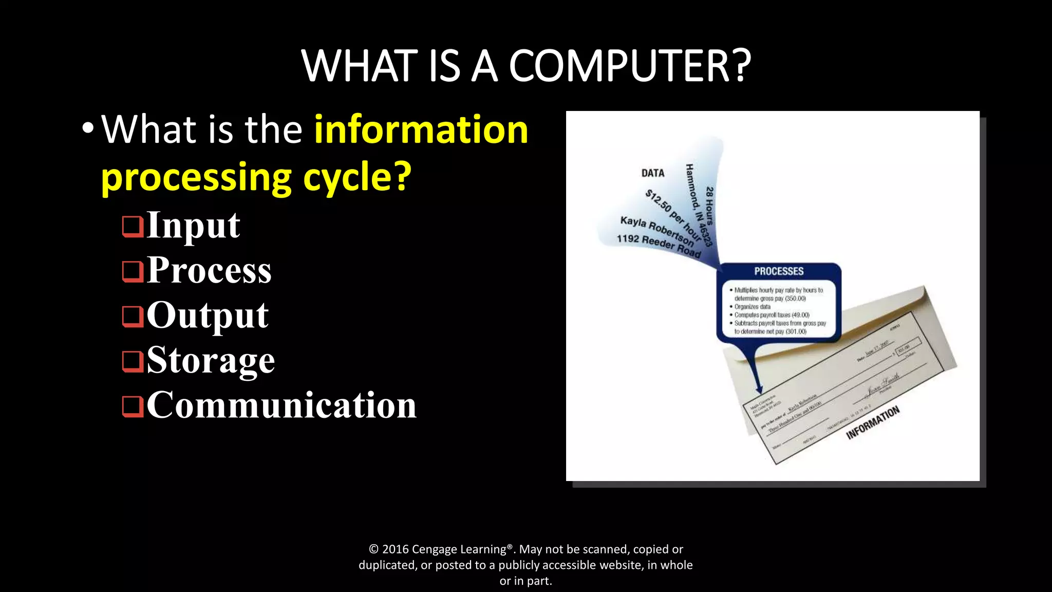 WHAT IS A COMPUTER?
•What is the information
processing cycle?
Input
Process
Output
Storage
Communication
© 2016 Cengage Learning®. May not be scanned, copied or
duplicated, or posted to a publicly accessible website, in whole
or in part.
 