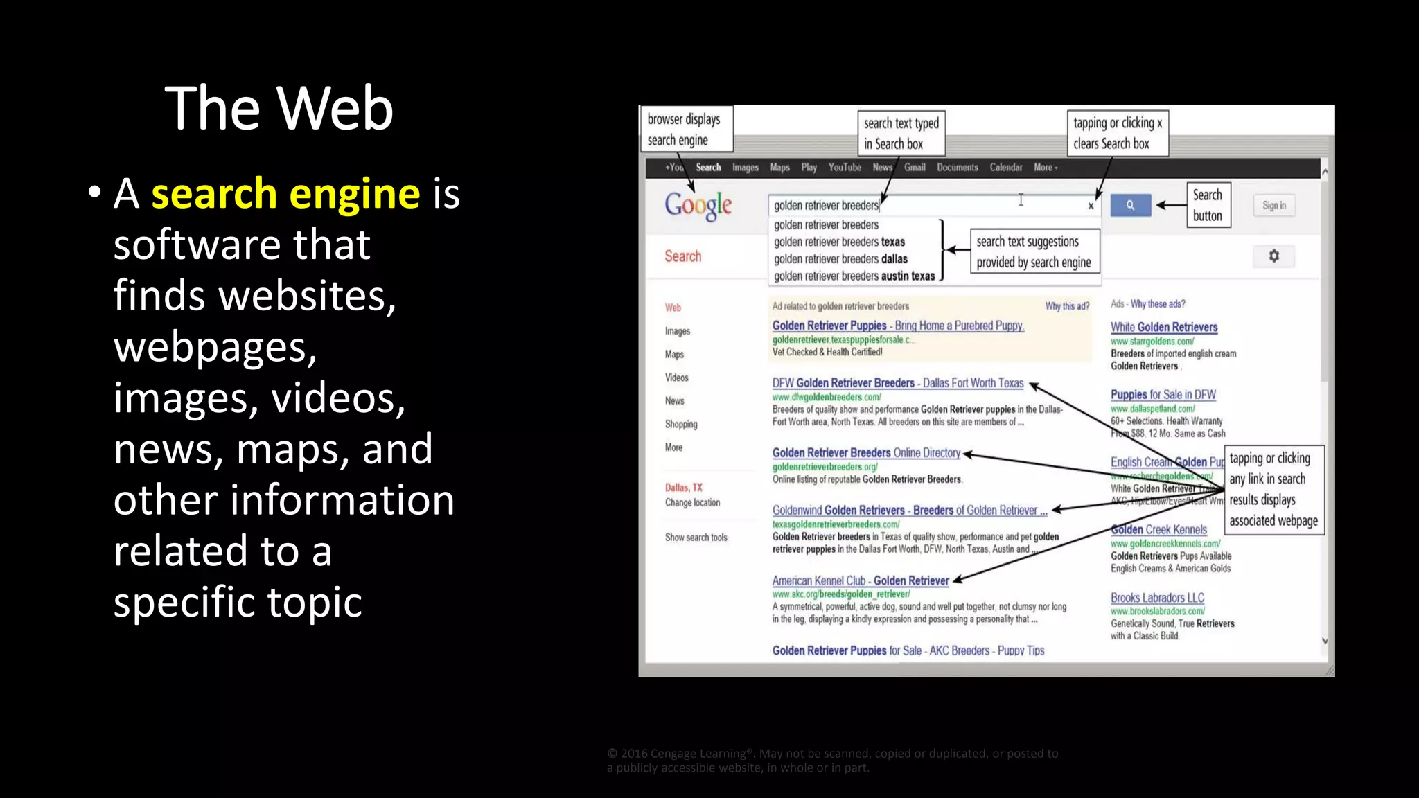 The Web
• A search engine is
software that
finds websites,
webpages,
images, videos,
news, maps, and
other information
related to a
specific topic
© 2016 Cengage Learning®. May not be scanned, copied or duplicated, or posted to
a publicly accessible website, in whole or in part.
 