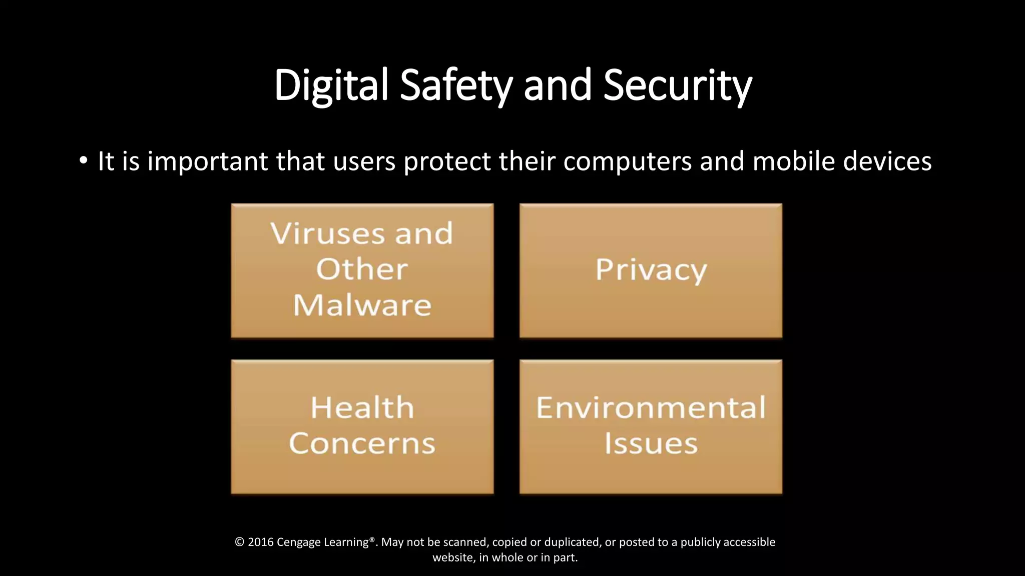 Digital Safety and Security
• It is important that users protect their computers and mobile devices
© 2016 Cengage Learning®. May not be scanned, copied or duplicated, or posted to a publicly accessible
website, in whole or in part.
 