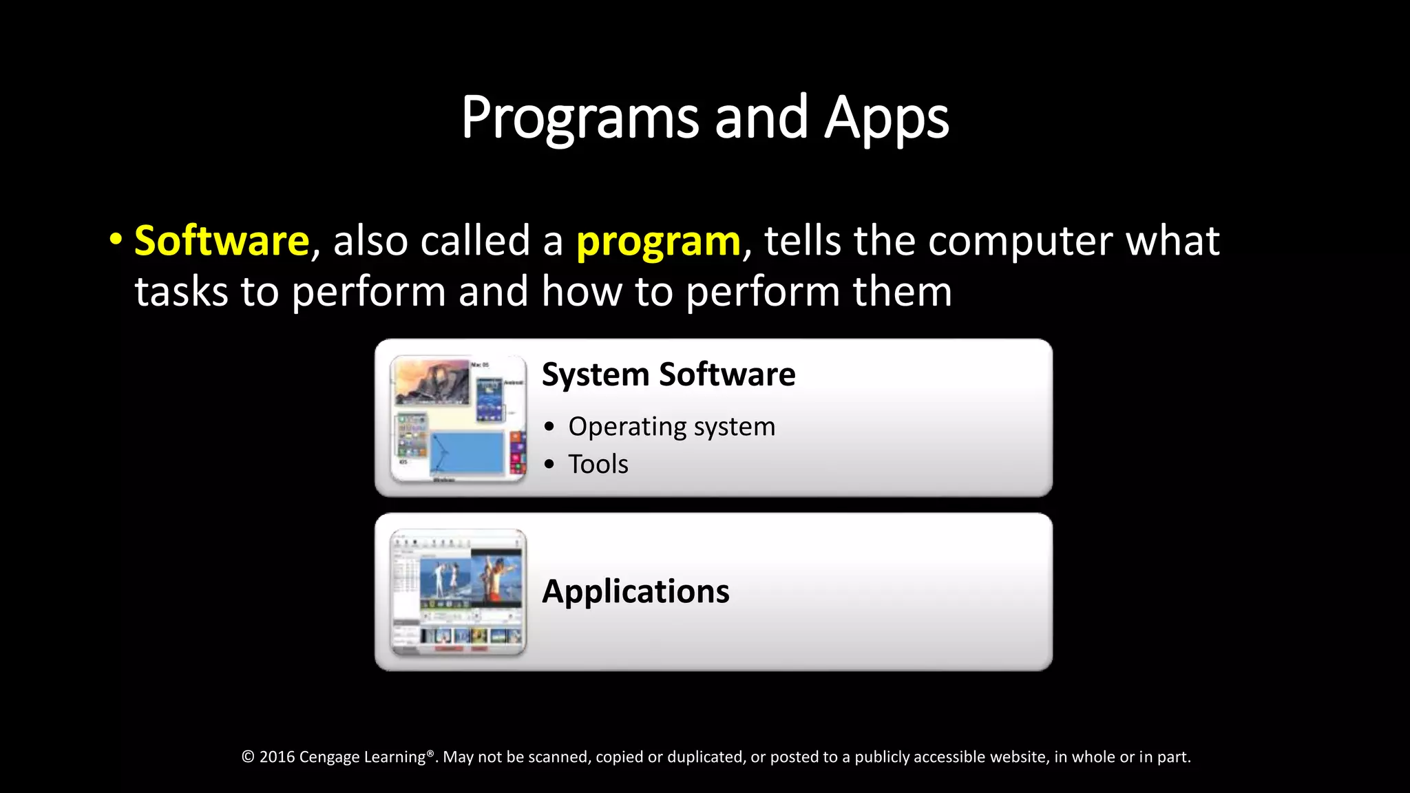 Programs and Apps
• Software, also called a program, tells the computer what
tasks to perform and how to perform them
© 2016 Cengage Learning®. May not be scanned, copied or duplicated, or posted to a publicly accessible website, in whole or in part.
System Software
• Operating system
• Tools
Applications
 