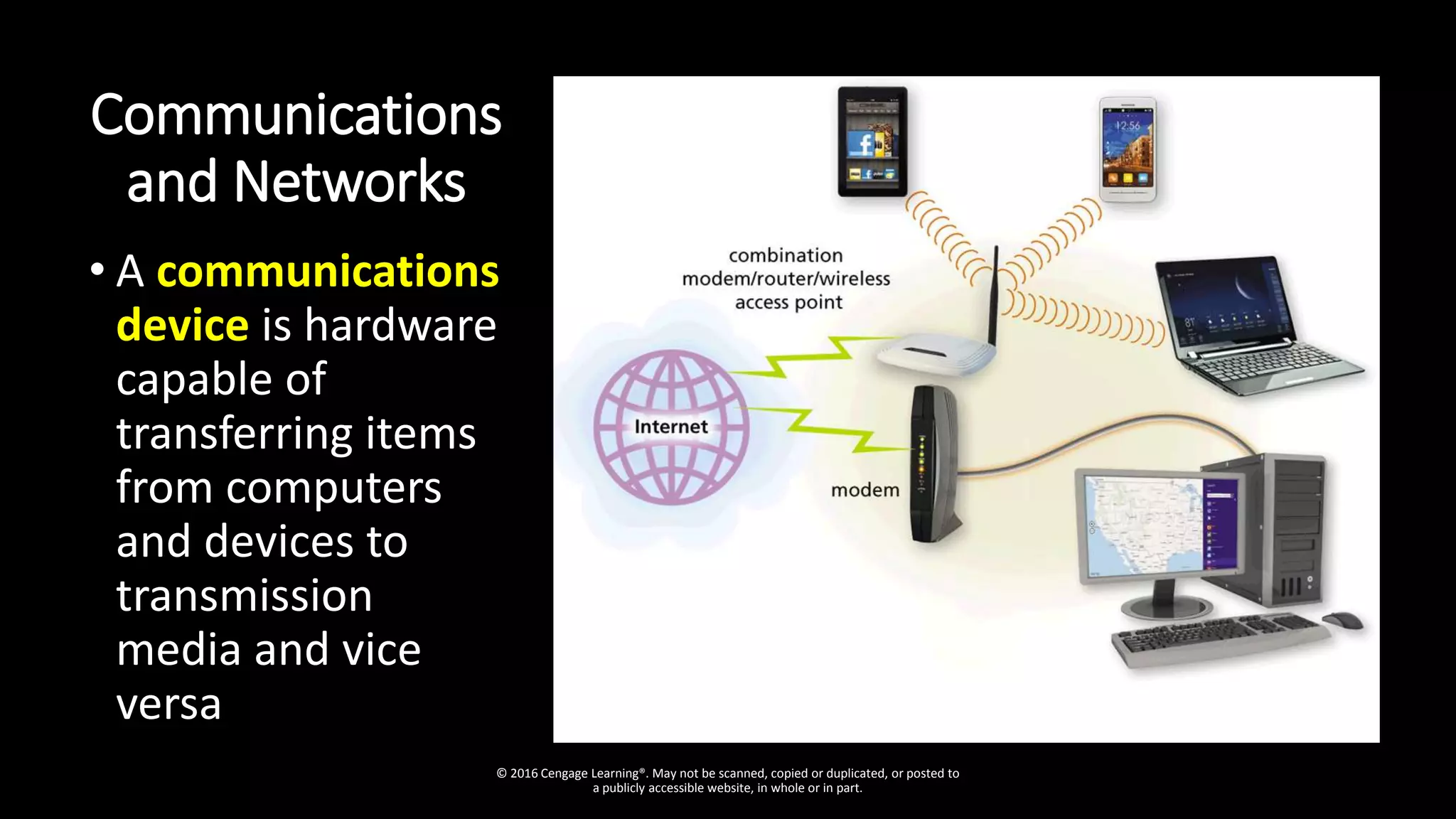 Communications
and Networks
• A communications
device is hardware
capable of
transferring items
from computers
and devices to
transmission
media and vice
versa
© 2016 Cengage Learning®. May not be scanned, copied or duplicated, or posted to
a publicly accessible website, in whole or in part.
 