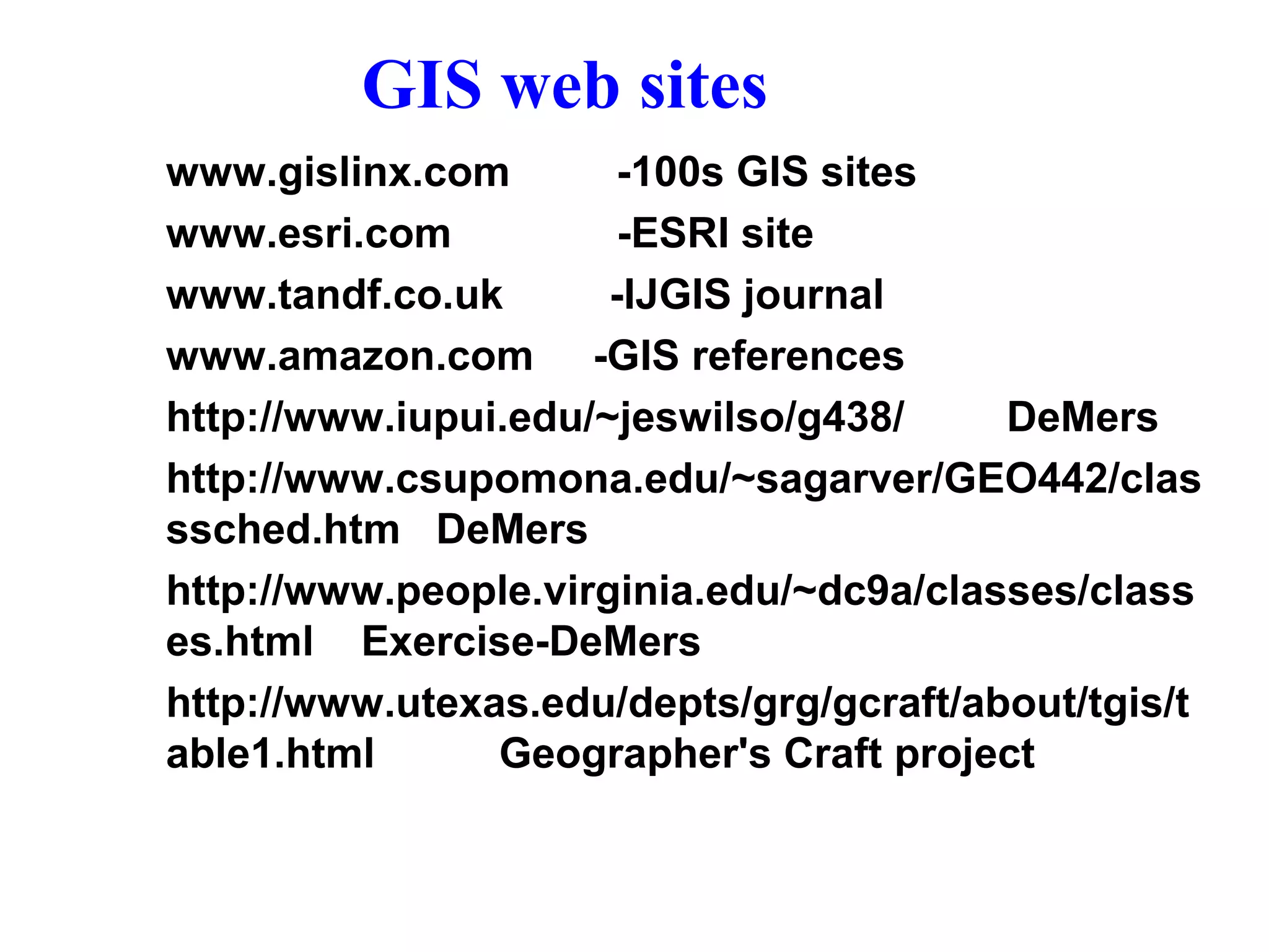 GIS web sites
www.gislinx.com -100s GIS sites
www.esri.com -ESRI site
www.tandf.co.uk -IJGIS journal
www.amazon.com -GIS references
http://www.iupui.edu/~jeswilso/g438/ DeMers
http://www.csupomona.edu/~sagarver/GEO442/clas
ssched.htm DeMers
http://www.people.virginia.edu/~dc9a/classes/class
es.html Exercise-DeMers
http://www.utexas.edu/depts/grg/gcraft/about/tgis/t
able1.html Geographer's Craft project
 