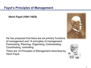 Fayol’s Principles of Management   Henri Fayol (1841-1925) He has proposed that there are six primary functions of managem...