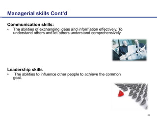 Managerial skills Cont’d <ul><li>Communication skills: </li></ul><ul><li>The abilities of exchanging ideas and information...