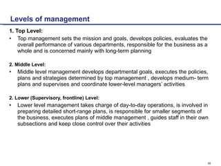 Levels of management <ul><li>1. Top Level: </li></ul><ul><li>Top management sets the  mission  and goals, develops policie...