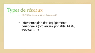Types de réseaux
▪ PAN (Personnal Area Network)
• Interconnexion des équipements
personnels (ordinateur portable, PDA,
web-cam…)
 