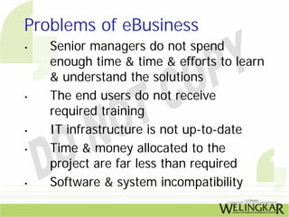 Problems of eBusiness
•   Senior managers do not spend
    enough time & time & efforts to learn
    & understand the solutions
•   The end users do not receive
    required training
•   IT infrastructure is not up-to-date
•   Time & money allocated to the
    project are far less than required
•   Software & system incompatibility
 