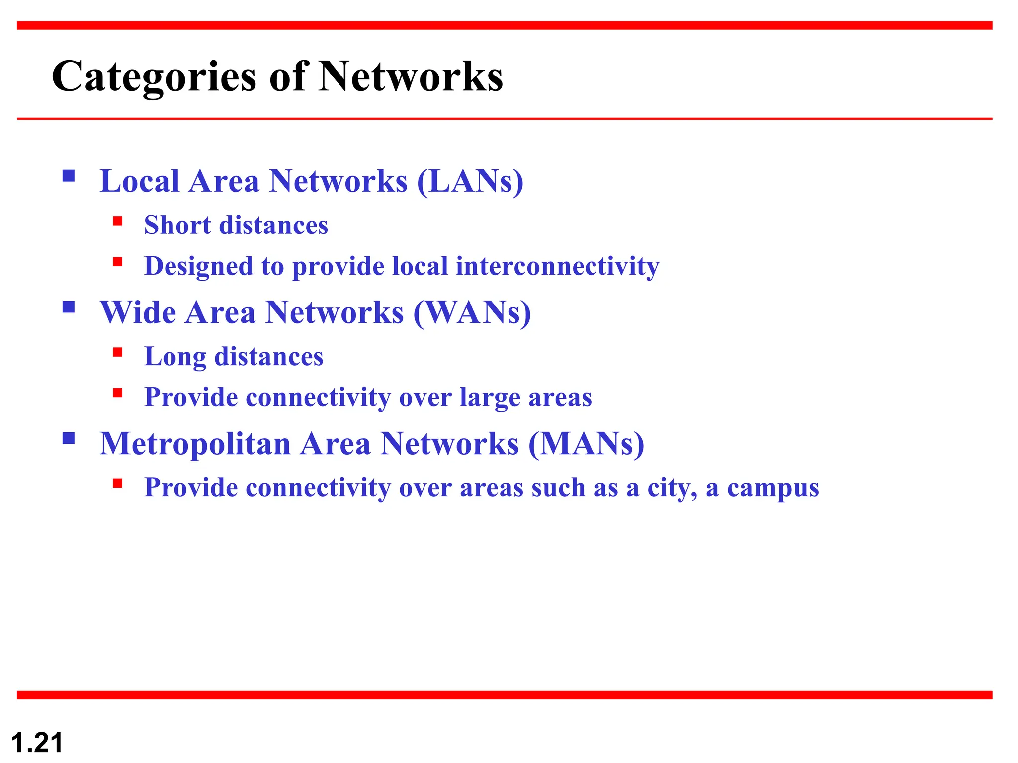 1.21
Categories of Networks
 Local Area Networks (LANs)
 Short distances
 Designed to provide local interconnectivity
 Wide Area Networks (WANs)
 Long distances
 Provide connectivity over large areas
 Metropolitan Area Networks (MANs)
 Provide connectivity over areas such as a city, a campus
 