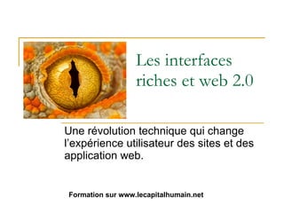 Les interfaces riches et web 2.0 Une révolution technique qui change l’expérience utilisateur des sites et des application web. Formation sur www.lecapitalhumain.net 