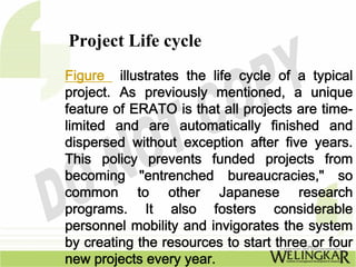 Project Life cycle
Figure illustrates the life cycle of a typical
project. As previously mentioned, a unique
feature of ERATO is that all projects are time-
limited and are automatically finished and
dispersed without exception after five years.
This policy prevents funded projects from
becoming "entrenched bureaucracies," so
common to other Japanese research
programs. It also fosters considerable
personnel mobility and invigorates the system
by creating the resources to start three or four
new projects every year.
 
