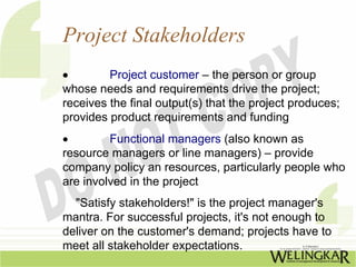 Project Stakeholders
•        Project customer – the person or group
whose needs and requirements drive the project;
receives the final output(s) that the project produces;
provides product requirements and funding
•        Functional managers (also known as
resource managers or line managers) – provide
company policy an resources, particularly people who
are involved in the project
  "Satisfy stakeholders!" is the project manager's
mantra. For successful projects, it's not enough to
deliver on the customer's demand; projects have to
meet all stakeholder expectations.
 