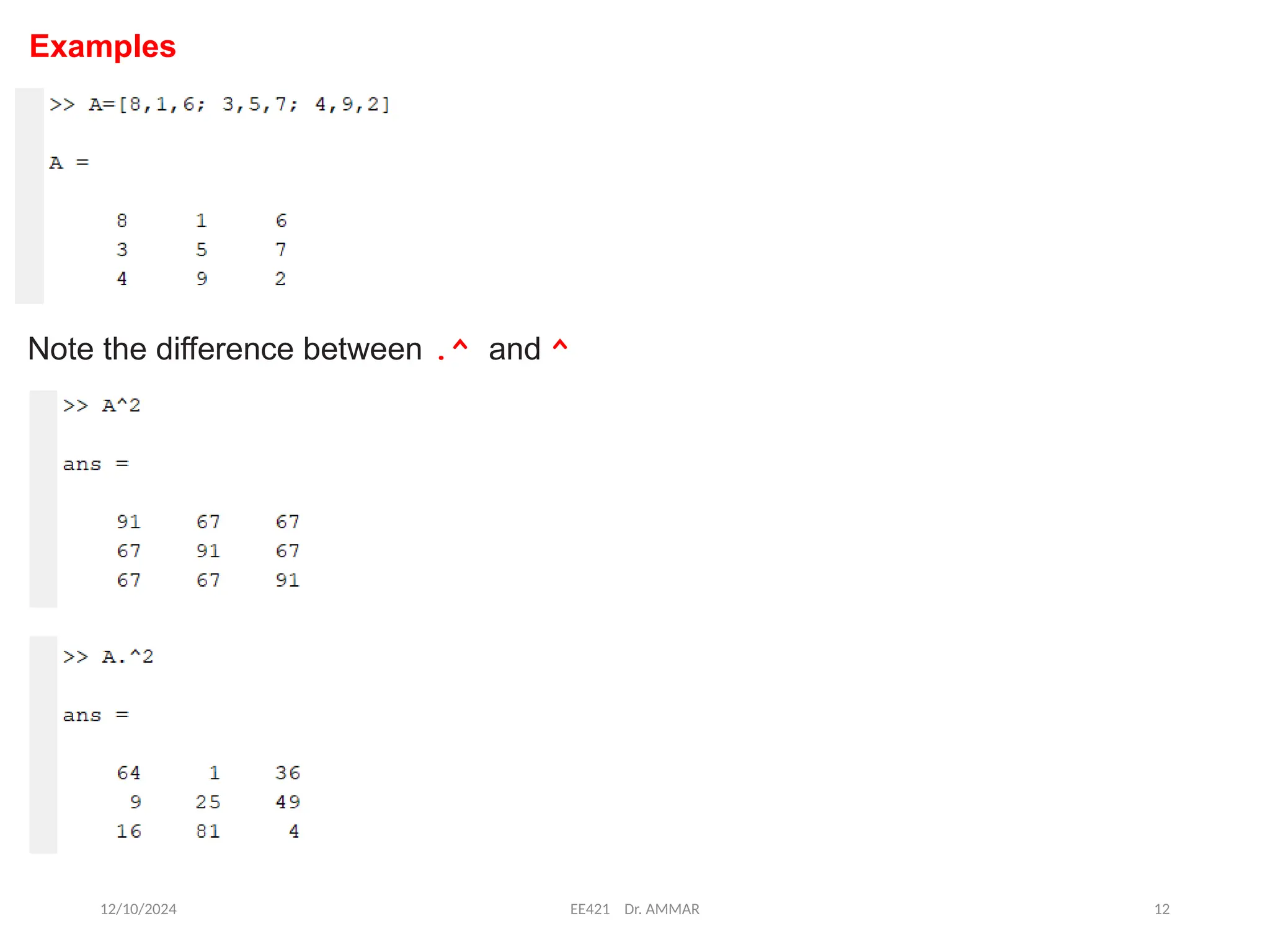 12/10/2024 EE421 Dr. AMMAR 12
Examples
Note the difference between .^ and ^
 