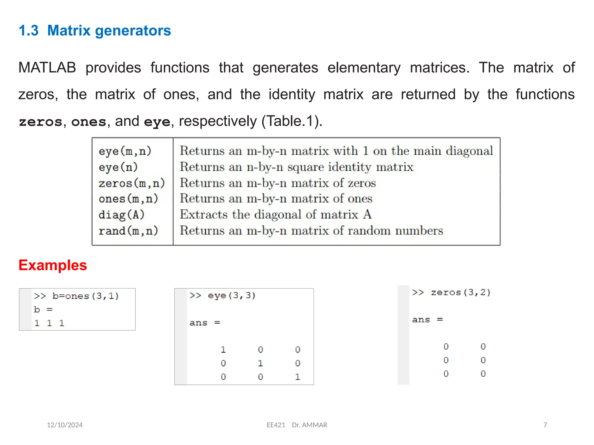 12/10/2024 EE421 Dr. AMMAR 7
1.3 Matrix generators
MATLAB provides functions that generates elementary matrices. The matrix of
zeros, the matrix of ones, and the identity matrix are returned by the functions
zeros, ones, and eye, respectively (Table.1).
Examples
 
