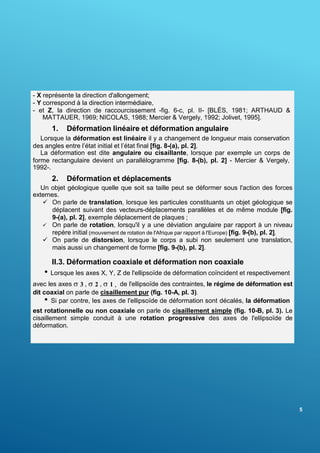 5
- X représente la direction d'allongement;
- Y correspond à la direction intermédiaire,
- et Z, la direction de raccourcissement -fig. 6-c, pl. II- [BLÈS, 1981; ARTHAUD &
MATTAUER, 1969; NICOLAS, 1988; Mercier & Vergely, 1992; Jolivet, 1995].
1. Déformation linéaire et déformation angulaire
Lorsque la déformation est linéaire il y a changement de longueur mais conservation
des angles entre l’état initial et l’état final [fig. 8-(a), pl. 2].
La déformation est dite angulaire ou cisaillante, lorsque par exemple un corps de
forme rectangulaire devient un parallélogramme [fig. 8-(b), pl. 2] - Mercier & Vergely,
1992-.
2. Déformation et déplacements
Un objet géologique quelle que soit sa taille peut se déformer sous l'action des forces
externes.
 On parle de translation, lorsque les particules constituants un objet géologique se
déplacent suivant des vecteurs-déplacements parallèles et de même module [fig.
9-(a), pl. 2], exemple déplacement de plaques ;
 On parle de rotation, lorsqu'il y a une déviation angulaire par rapport à un niveau
repère initial (mouvement de rotation de l'Afrique par rapport à l'Europe) [fig. 9-(b), pl. 2],
 On parle de distorsion, lorsque le corps a subi non seulement une translation,
mais aussi un changement de forme [fig. 9-(b), pl. 2].
II.3. Déformation coaxiale et déformation non coaxiale
• Lorsque les axes X, Y, Z de l'ellipsoïde de déformation coïncident et respectivement
avec les axes  3 ,  2 ,  1 , de l'ellipsoïde des contraintes, le régime de déformation est
dit coaxial on parle de cisaillement pur (fig. 10-A, pl. 3).
• Si par contre, les axes de l'ellipsoïde de déformation sont décalés, la déformation
est rotationnelle ou non coaxiale on parle de cisaillement simple (fig. 10-B, pl. 3). Le
cisaillement simple conduit à une rotation progressive des axes de l'ellipsoïde de
déformation.
 