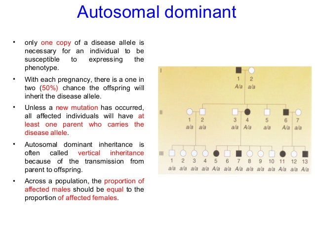 Autosomal dominant
• only one copy of a disease allele is
necessary for an individual to be
susceptible to expressing the
...
