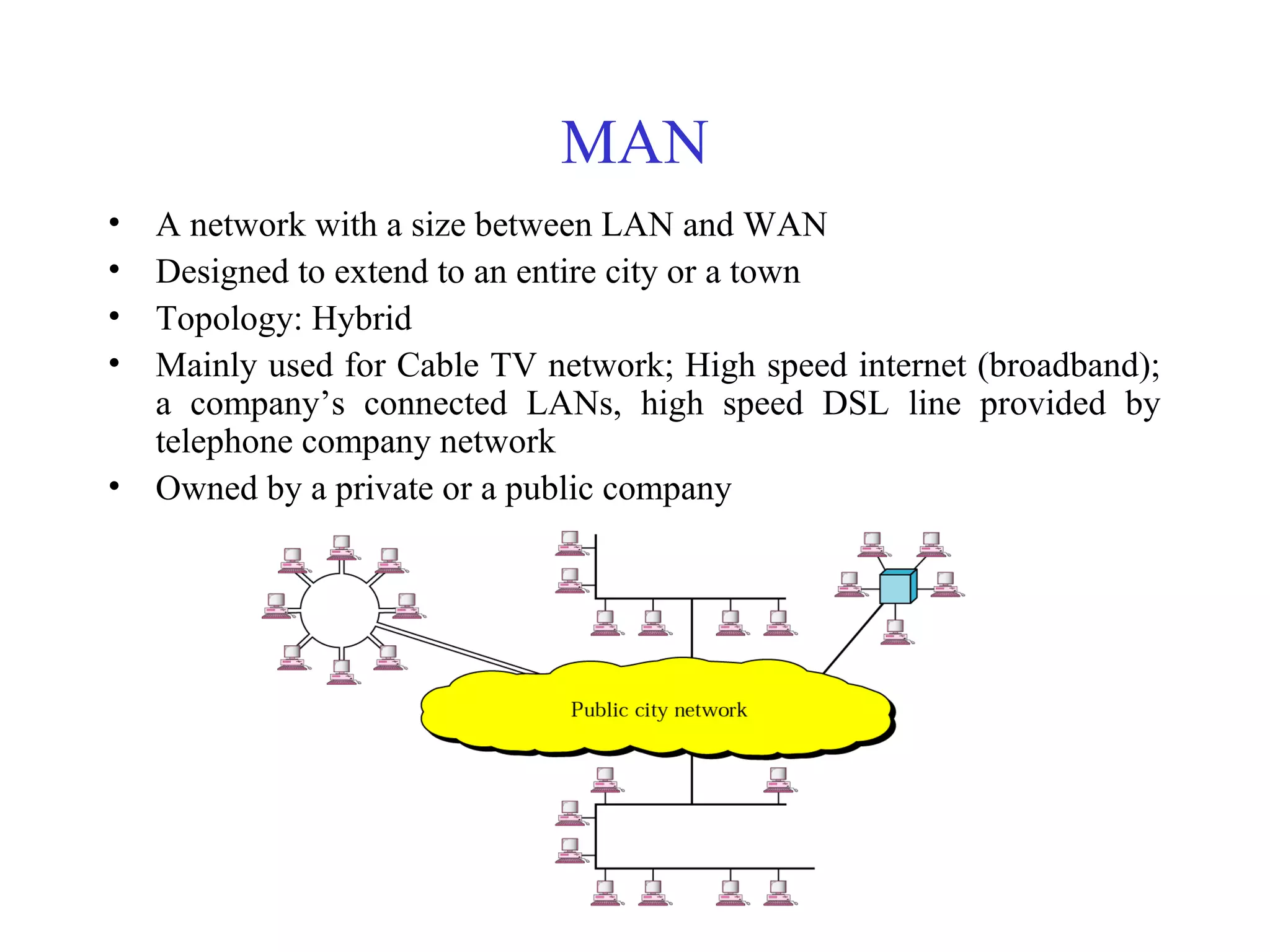 MAN
• A network with a size between LAN and WAN
• Designed to extend to an entire city or a town
• Topology: Hybrid
• Mainly used for Cable TV network; High speed internet (broadband);
a company’s connected LANs, high speed DSL line provided by
telephone company network
• Owned by a private or a public company
 