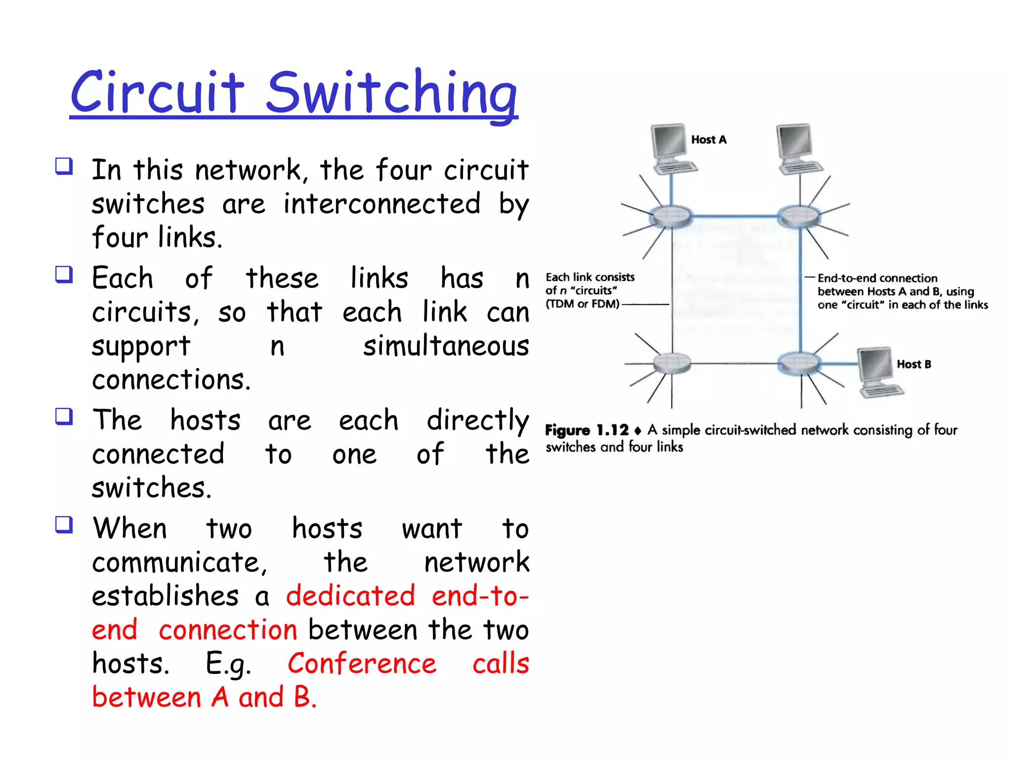 Circuit Switching
 In this network, the four circuit
switches are interconnected by
four links.
 Each of these links has n
circuits, so that each link can
support n simultaneous
connections.
 The hosts are each directly
connected to one of the
switches.
 When two hosts want to
communicate, the network
establishes a dedicated end-to-
end connection between the two
hosts. E.g. Conference calls
between A and B.
 