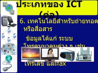 ประเภทของ  ICT   ( ต่อ ) 6.  เทคโนโลยีสำหรับถ่ายทอดหรือสื่อสาร ข้อมูลได้แก่ ระบบโทรคมนาคมต่าง ๆ เช่น  โทรทัศน์ วิทยุกระจายเสียง โทรเลข และ fax 