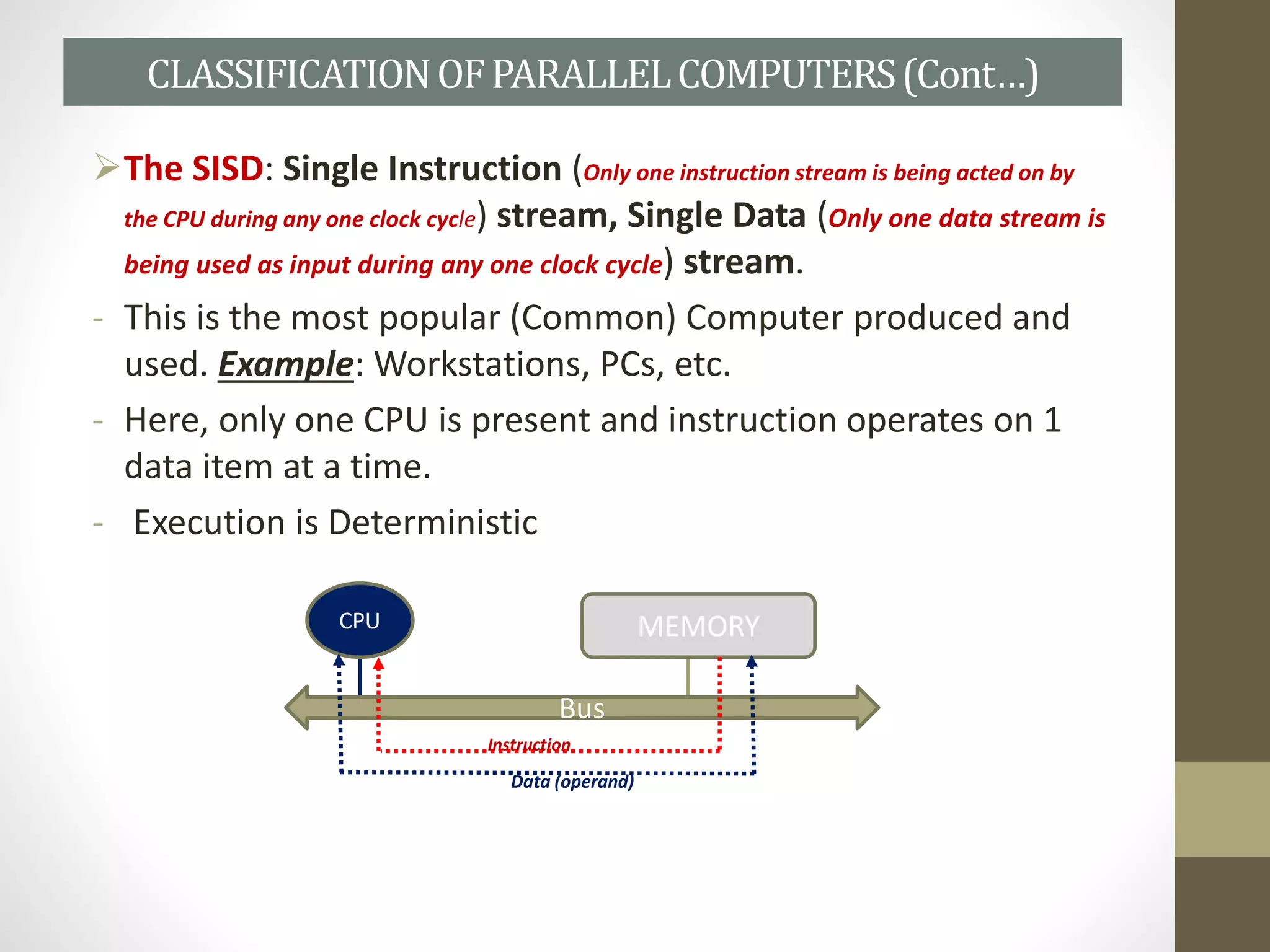 The SISD: Single Instruction (Only one instruction stream is being acted on by
the CPU during any one clock cycle) stream, Single Data (Only one data stream is
being used as input during any one clock cycle) stream.
- This is the most popular (Common) Computer produced and
used. Example: Workstations, PCs, etc.
- Here, only one CPU is present and instruction operates on 1
data item at a time.
- Execution is Deterministic
CLASSIFICATIONOFPARALLELCOMPUTERS(Cont…)
MEMORYCPU
Bus
Instruction
Data (operand)
 