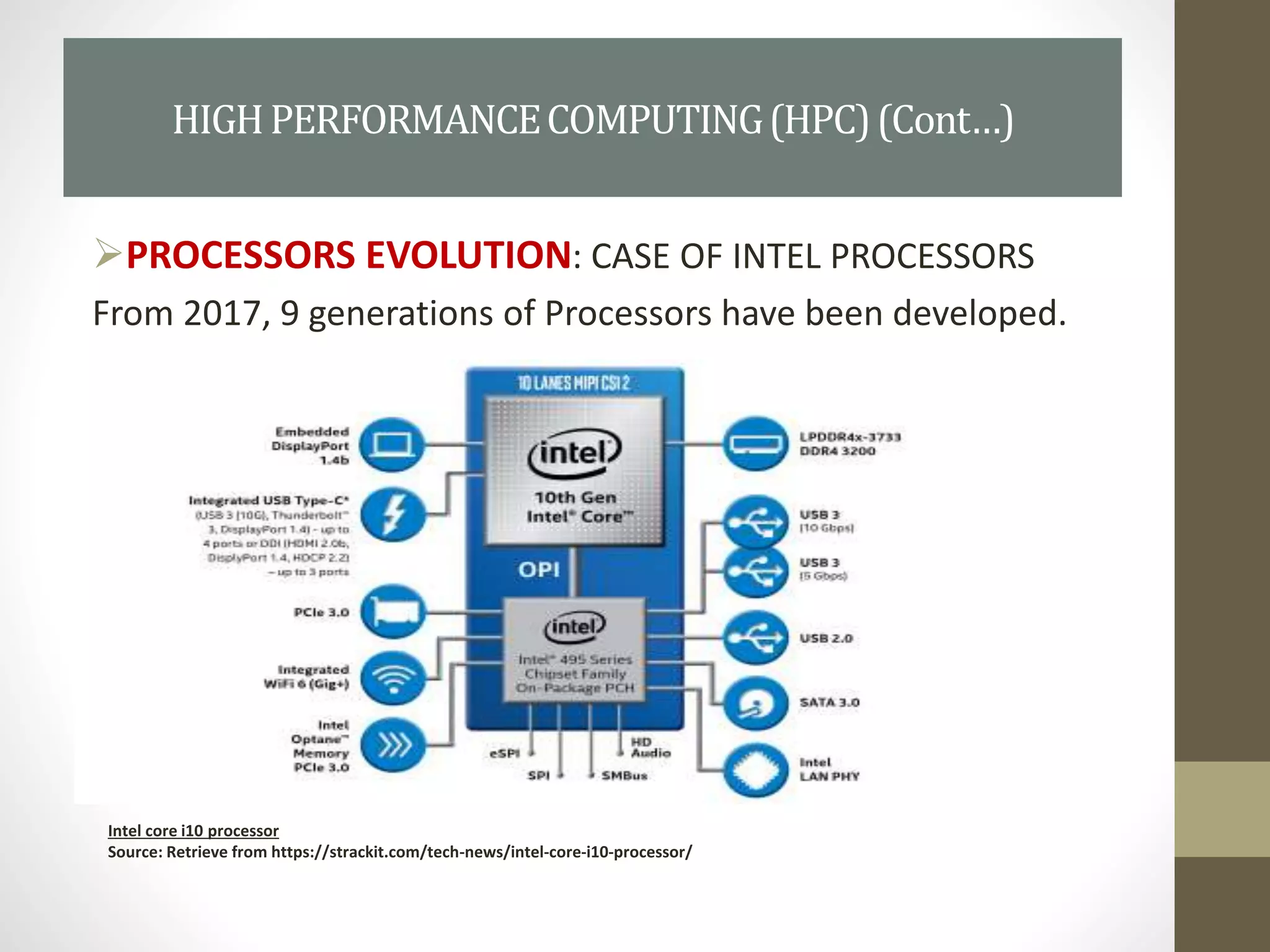 PROCESSORS EVOLUTION: CASE OF INTEL PROCESSORS
From 2017, 9 generations of Processors have been developed.
HIGHPERFORMANCECOMPUTING(HPC)(Cont…)
Intel core i10 processor
Source: Retrieve from https://strackit.com/tech-news/intel-core-i10-processor/
 