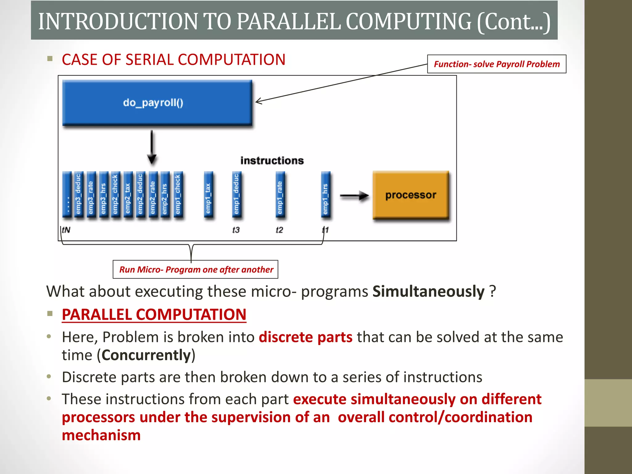  CASE OF SERIAL COMPUTATION
What about executing these micro- programs Simultaneously ?
 PARALLEL COMPUTATION
• Here, Problem is broken into discrete parts that can be solved at the same
time (Concurrently)
• Discrete parts are then broken down to a series of instructions
• These instructions from each part execute simultaneously on different
processors under the supervision of an overall control/coordination
mechanism
INTRODUCTIONTO PARALLELCOMPUTING(Cont...)
Function- solve Payroll Problem
Run Micro- Program one after another
 