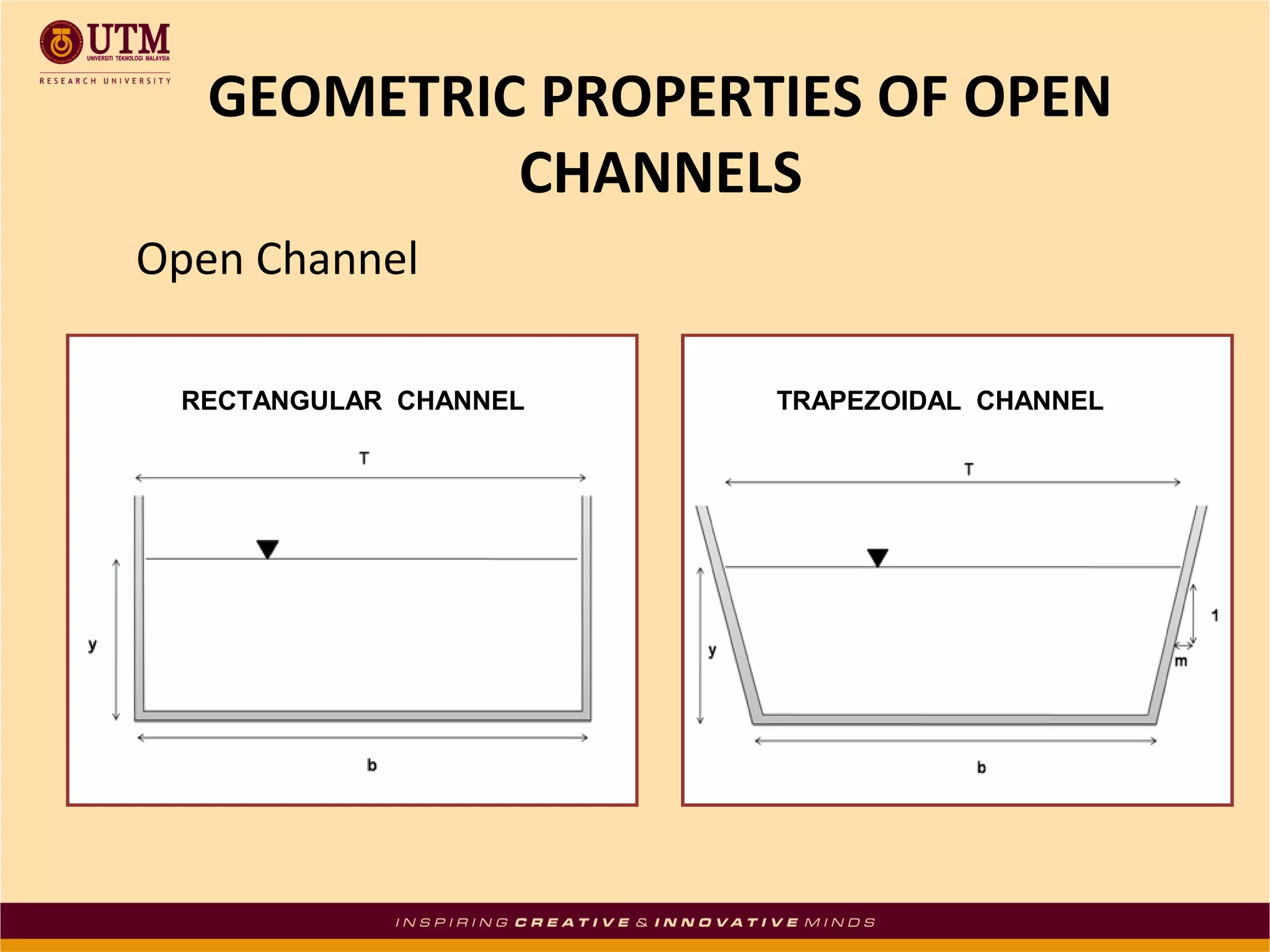 GEOMETRIC PROPERTIES OF OPEN
CHANNELS
Open Channel
RECTANGULAR CHANNEL

TRAPEZOIDAL CHANNEL

 