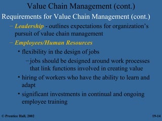 Value Chain Management (cont.)
Requirements for Value Chain Management (cont.)
– Leadership - outlines expectations for organization’s
pursuit of value chain management
– Employees/Human Resources
• flexibility in the design of jobs
–jobs should be designed around work processes
that link functions involved in creating value
• hiring of workers who have the ability to learn and
adapt
• significant investments in continual and ongoing
employee training
© Prentice Hall, 2002 19-14
 