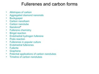 Fullerenes and carbon forms
•   Allotropes of carbon
•   Aggregated diamond nanorods
•   Buckypaper
•   Carbon nanofoam
•   Carbon nanotube
•   Nanoknot*
•   Fullerene chemistry
•   Bingel reaction
•   Endohedral hydrogen fullerene
•   Prato reaction
•   Fullerenes in popular culture
•   Endohedral fullerenes
•   Fullerite
•   Graphene
•   Potential applications of carbon nanotubes
•   Timeline of carbon nanotubes
 