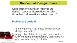 9- 27
Copyright © 2012 Pearson Education, Inc.
Publishing as Prentice Hall
Once students rank or reconfigure
design concept alternatives to select
three best alternatives, what is next?
Preliminary design!
1. Identify principal attributes of each chosen
design alternative
2. Apply rules of thumb, physical relationships,
CAD modeling and simulation, cost estimates,
and manufacturing feasibility
Conceptual Design Phase
 