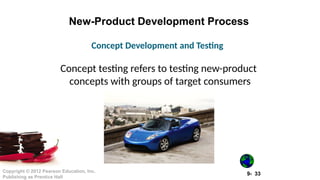 9- 33
Copyright © 2012 Pearson Education, Inc.
Publishing as Prentice Hall
New-Product Development Process
Concept testing refers to testing new-product
concepts with groups of target consumers
Concept Development and Testing
 