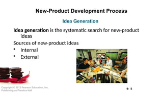 9- 5
Copyright © 2012 Pearson Education, Inc.
Publishing as Prentice Hall
New-Product Development Process
Idea generation is the systematic search for new-product
ideas
Sources of new-product ideas
• Internal
• External
Idea Generation
 