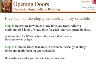 Five steps to develop your weekly study schedule Step 4:  Determine how much study time you need. Allow a minimum of 1 hour of study time for each hour you spend in class.  Add more time for difficult subjects if you are a slow reader or  If you are new to college.  Step 5:  From the times that are still available, select your study times and mark them on your schedule.  Be specific about what you intend to study at each time. 